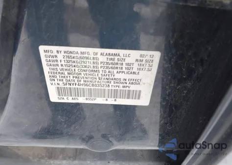 2012 Honda Pilot Touring from USA, damaged, VIN 5FNYF4H96CB035238